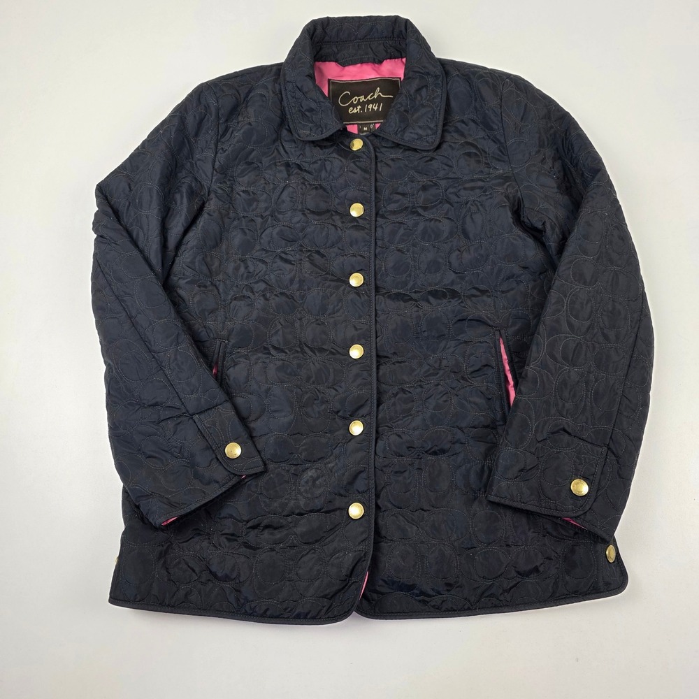 Coach Quilted Barn Jacket Black Pink Lining Gold Buttons‎ Womens Size M